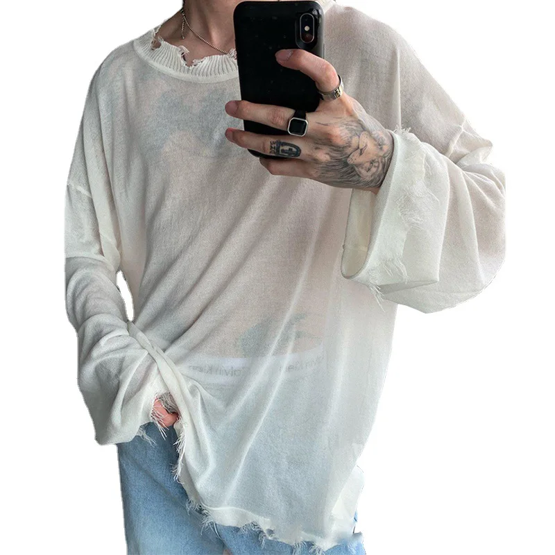 

Men's Fashion Simple Sexy Knitting Long Sleeve Perspective Casual Versatile Top Streetwear Mens T Shirts
