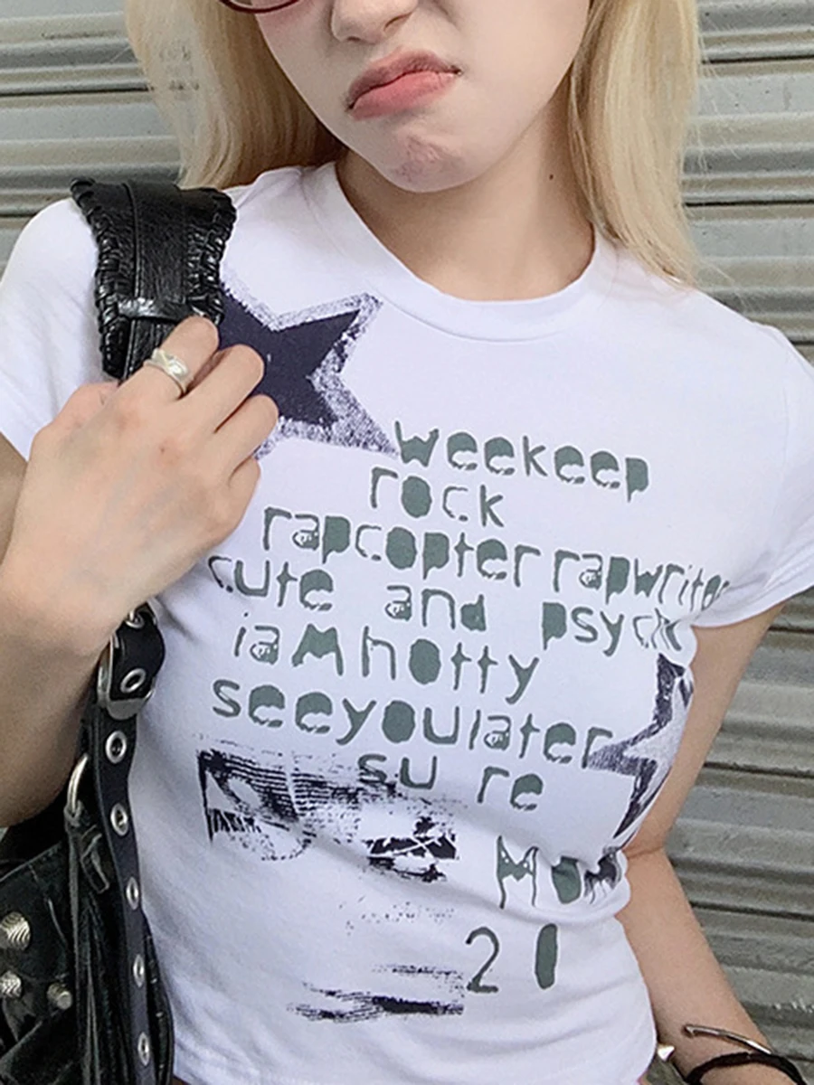

Women Fashion Wild T-Shirts Summer Letter Star Print Crew Neck Short Sleeve Crop Tops Y2k Casual Tees Streetwear