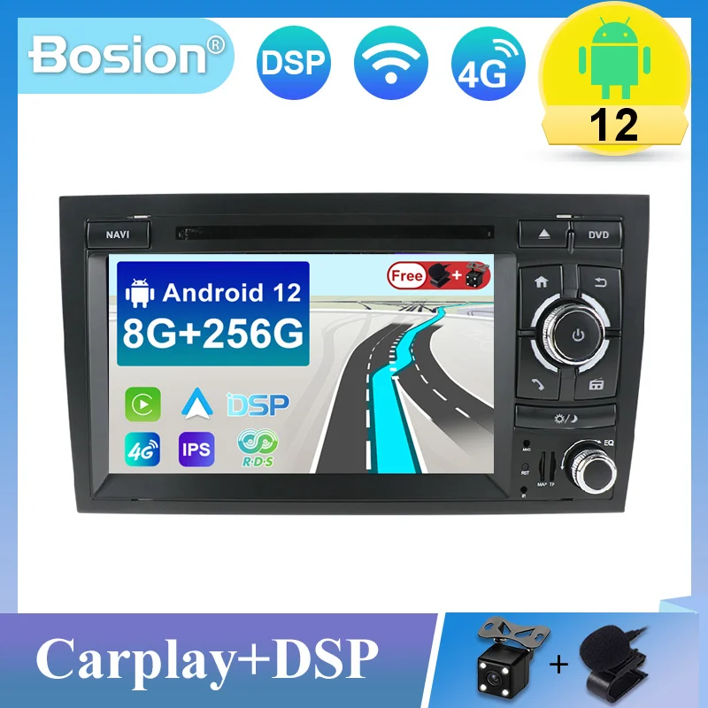 

Автомагнитола 8G + 256G 2 Din, мультимедийный плеер DVD Android 12 для Audi A4 B6 B7 S4 RS4 SEAT 2003-2011 GPS Android Авто Carplay + DSP