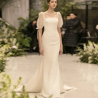 elegant and simple slim square neck satin korean version retro bubble bow tie short sleeved mermaid wedding dress white
