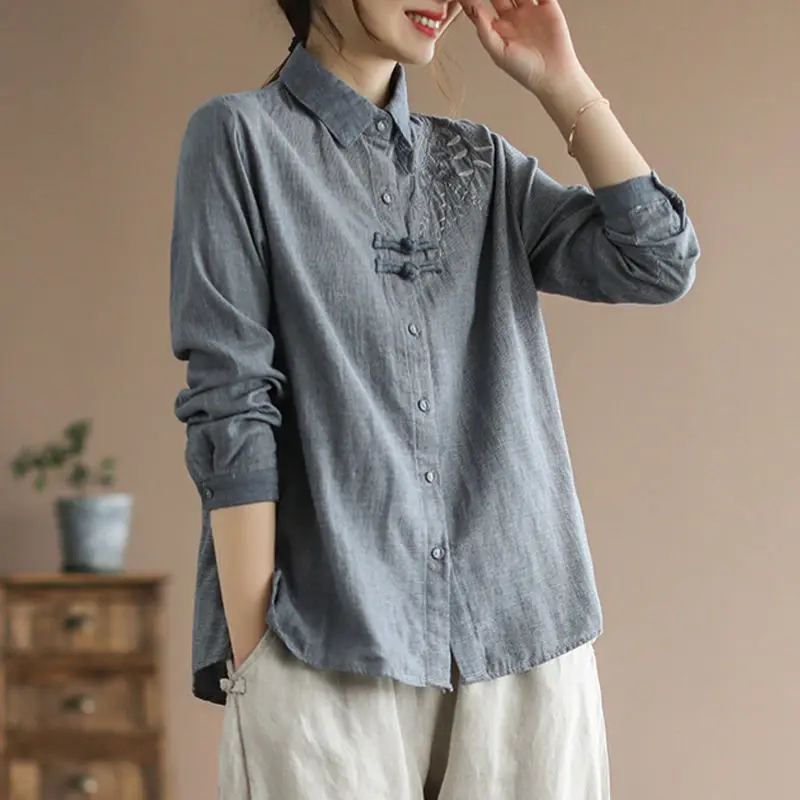 

2023 Spring New Style Loose Cotton Linen Plaid Embroidery Lapel Button Long-Sleeved Shirt Women'S Shirt Top