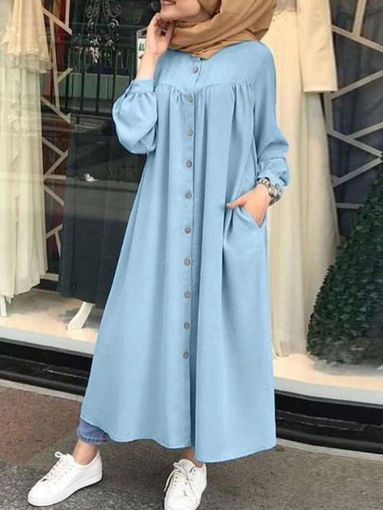 S-5XL Muslim Dress Women Hijab Shirt Dress Long Sleeve Maxi Vestidos Female Button Robe Femme Musulman High Wasit Solid Sundress