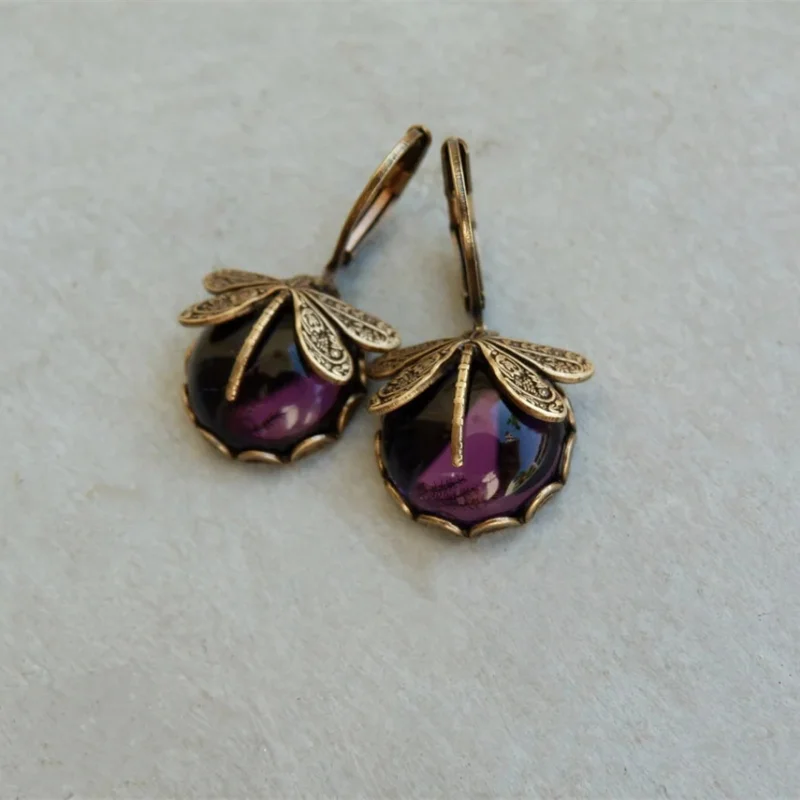 

Retro Brass Purple Dragonfly Earrings Inlaid with Stones Dangle Earrings for Women Party Engagement Fashion Jewelry