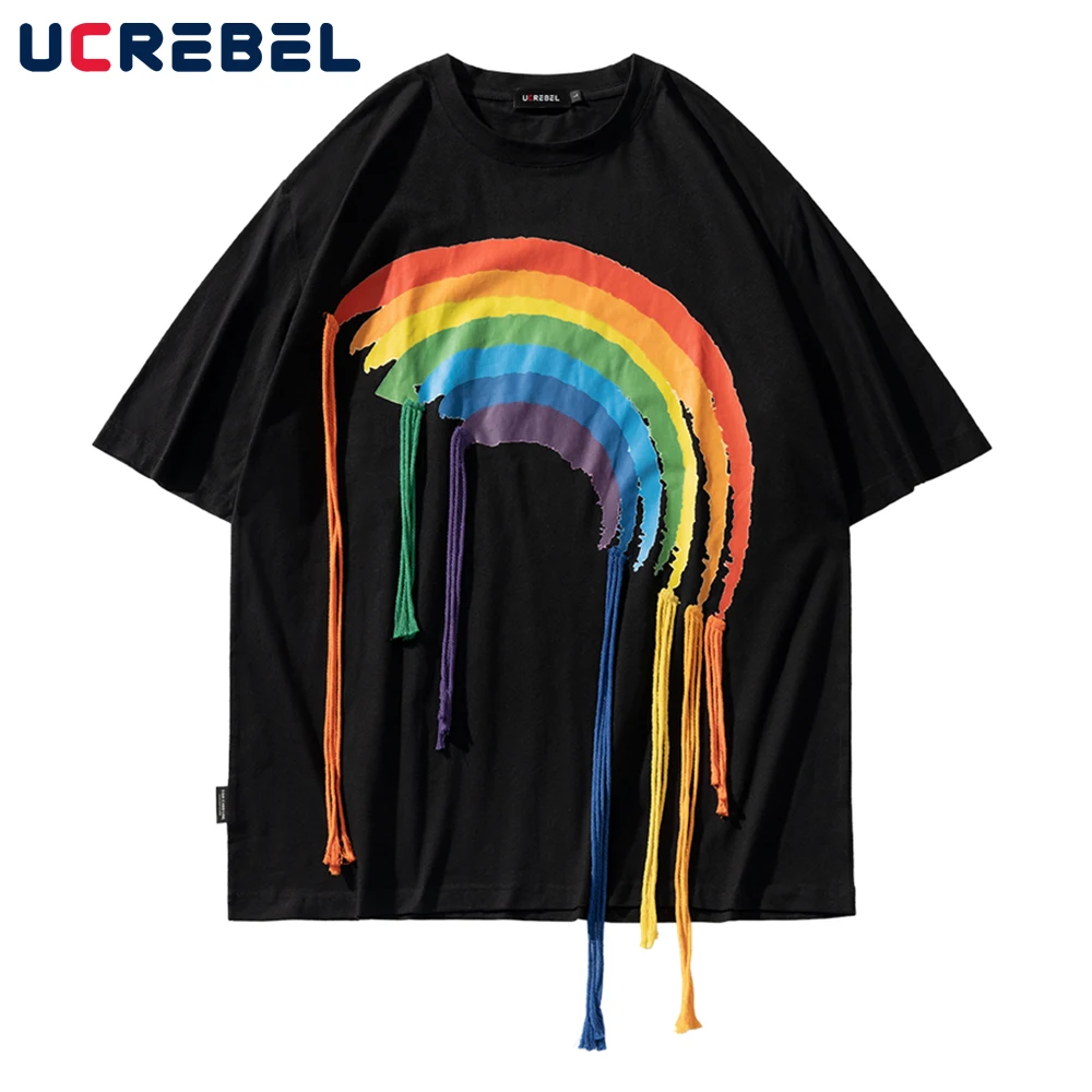 

Футболка мужская хлопковая с коротким рукавом, модная тенниска с принтом радуги, уличная одежда с линией украшения, свободная майка с кругл...