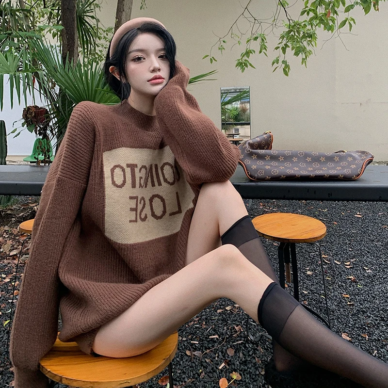 

Letter Winter Sweater Women Half Turtleneck Vintage Jumpers Loose Oversized Streetwear Hip Pop Harajuku Pullovers Long Sleeve