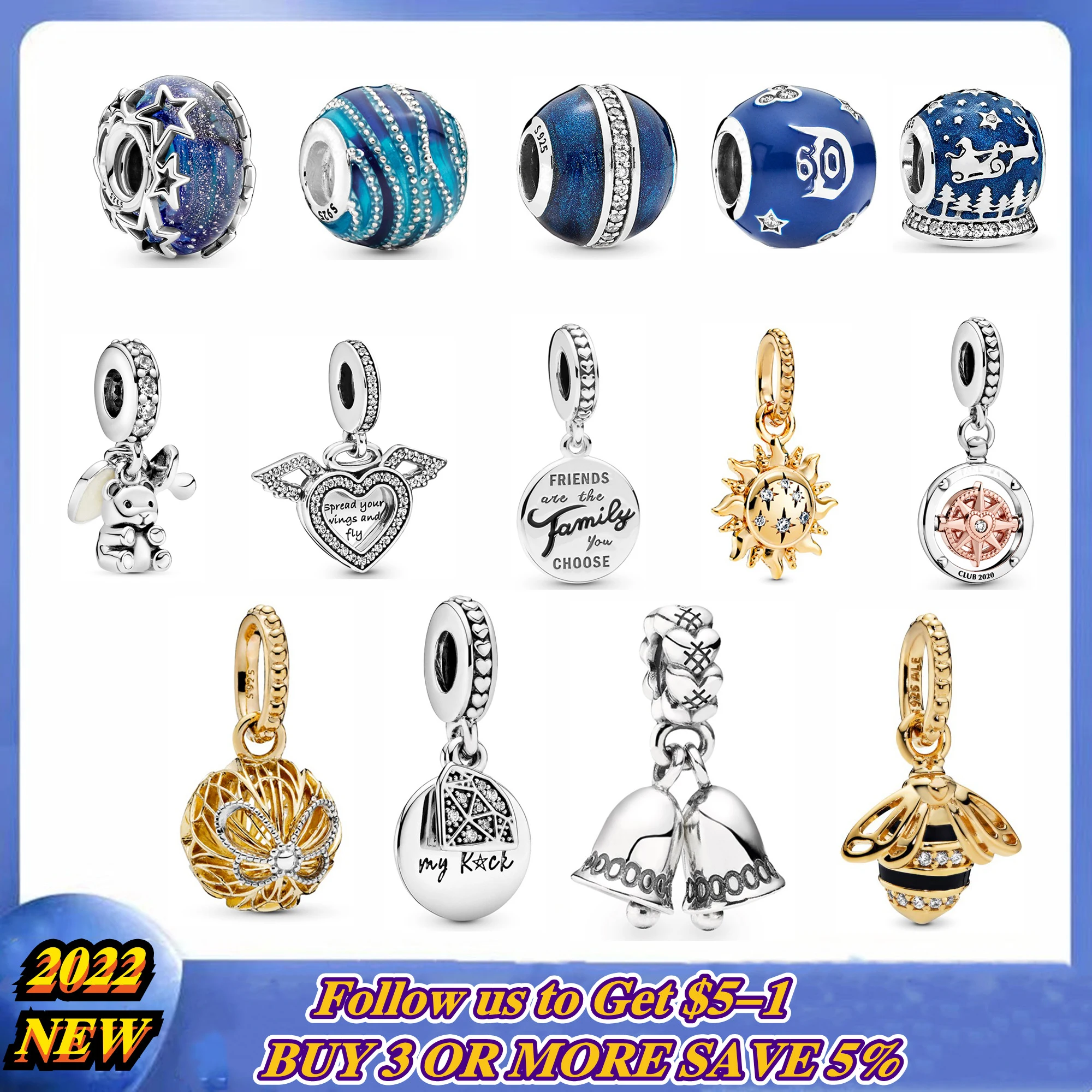 

2022 New S925 Silver Blue Series Moon Plane Series Beads Clip Charm Fit Original Pandora Bracelet Bangle Jewelry Gift