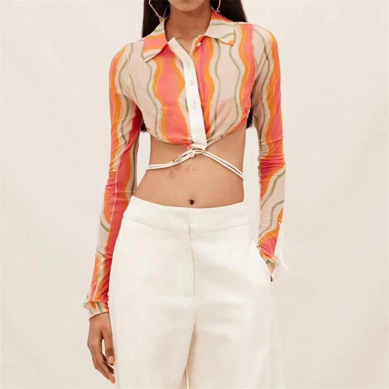 

Женская блузка с абстрактным принтом, эластичная сетчатая рубашка с длинным рукавом, y2k, лето 2023