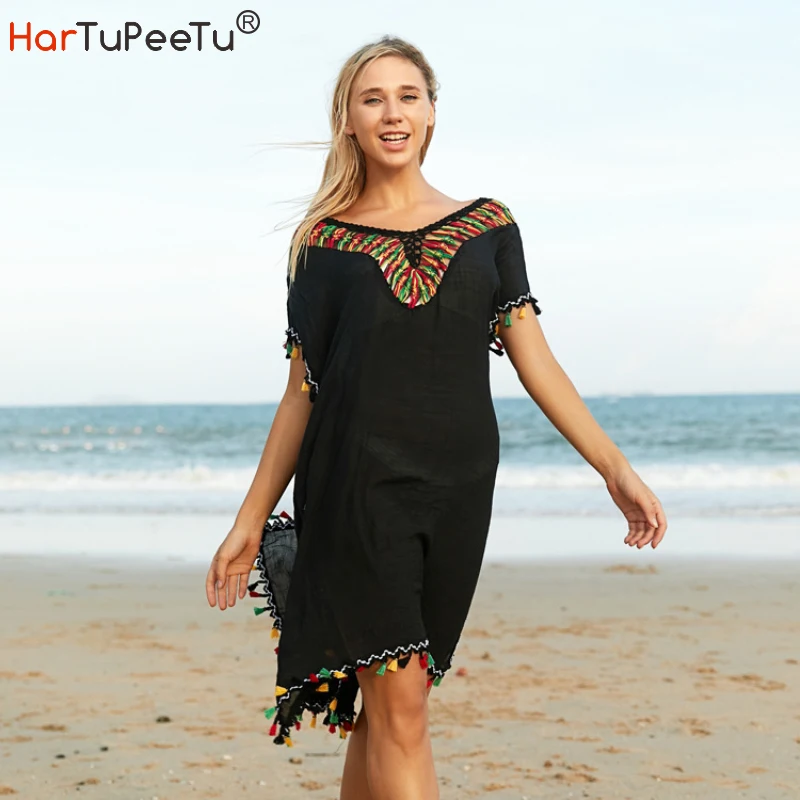 

Crochet Hook Beach Cover Ups Women Summer Dress 2022 White Black Patchwork Colourful V Neck Loose Split Fringed Vestido Mujer