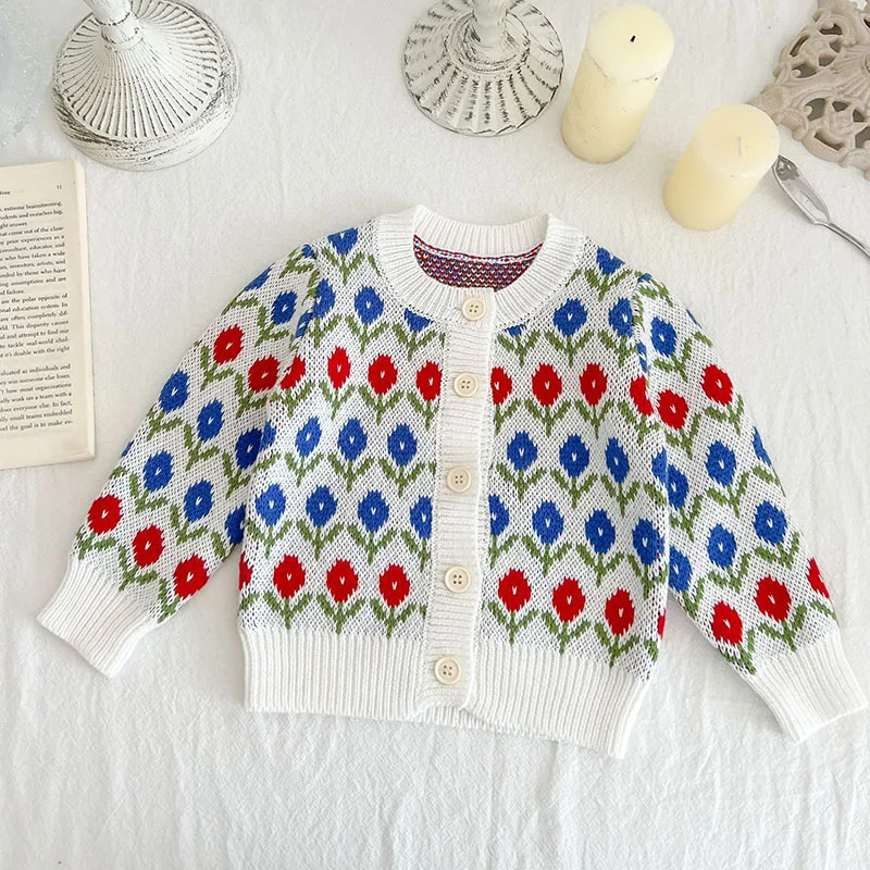 

Toddler Baby Girls Sweater Coat Floral Print Long Sleeve Coat Children Clothes Autumn Spring Infant Baby Girl Knitting Cardigan