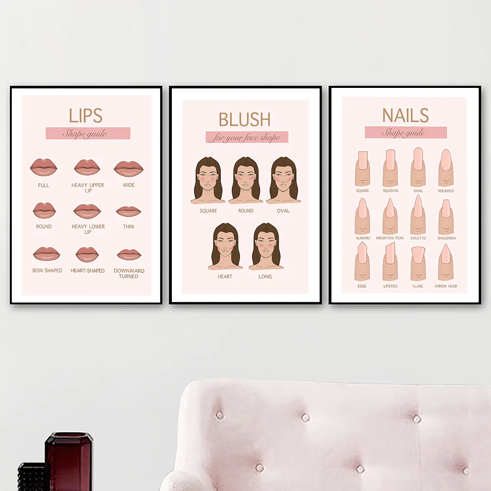 

Nail Shapes Blush Lips Wall Print Make Up Manicure Pedicure Poster Pink and Gold Beauty Wall Canvas Painting Girls Room Decor
