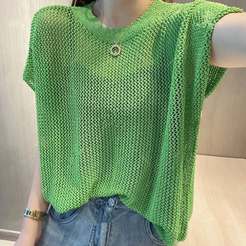 

Fashion Woman Blouses 2022 Summer hollow knitted Green T-shirts Thin see through short sleeve O-neck Sun Protection Tank top