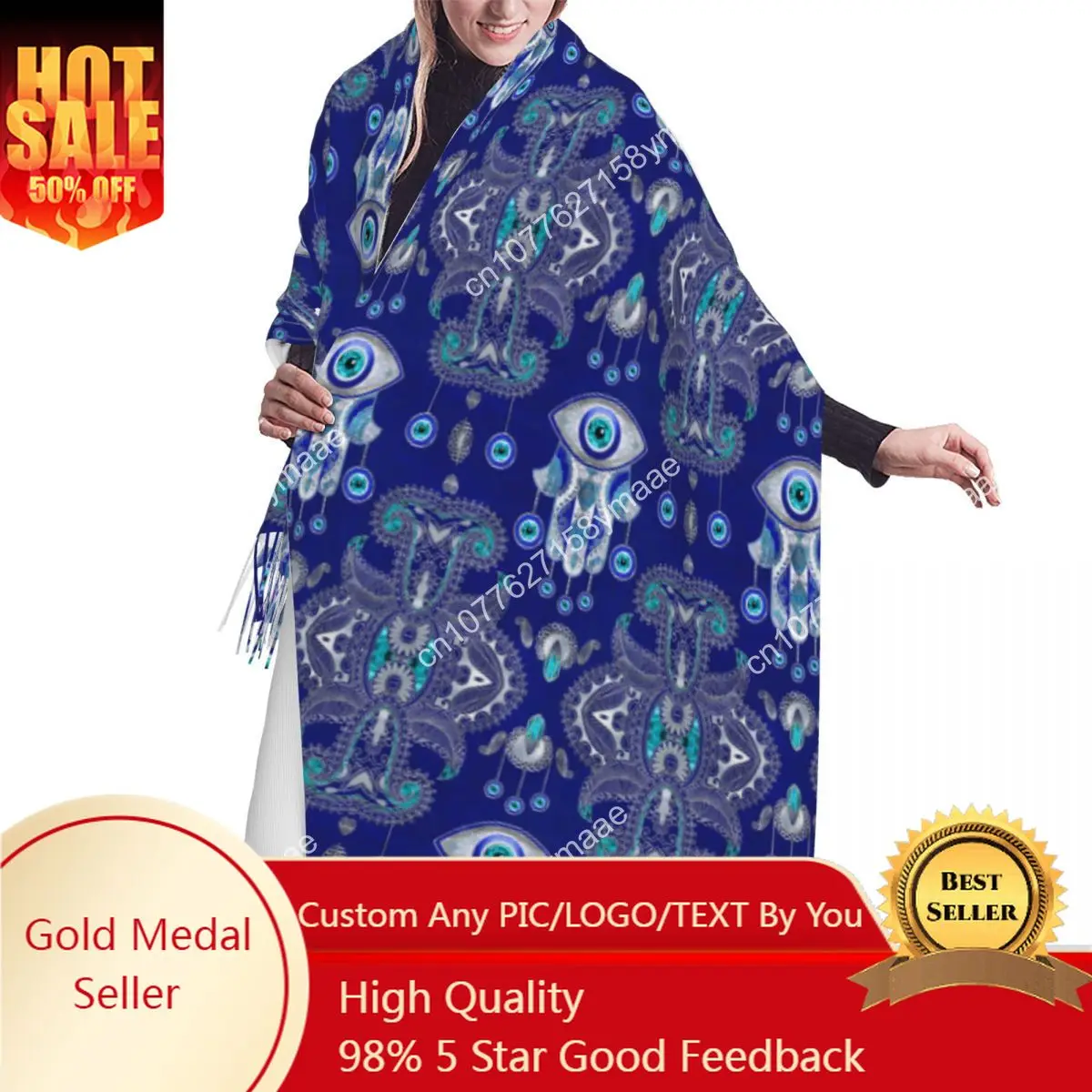 

Custom Stylish Hamsa Hand Evil Eye Amulet Ornament Tassel Scarf Women Winter Warm Shawls Wraps Lady Versatile Female Scarves
