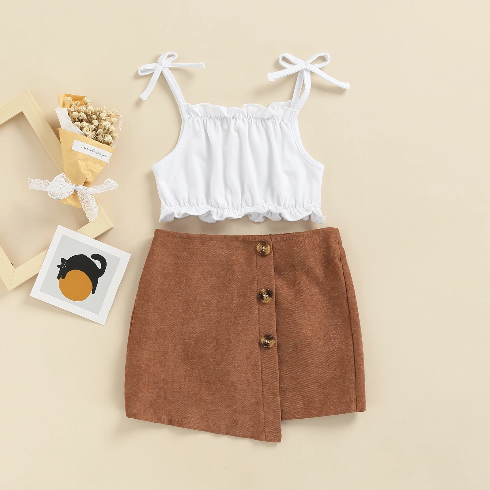 

Toddler Kids Sleeveless Spaghetti Strap Crop Tops Off Shoulder Ruffle Tube Tops High WaistIrregular Hem Skirt Set