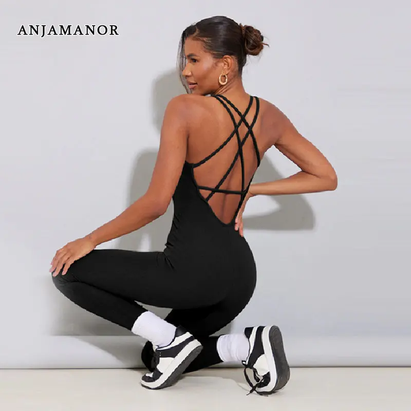 

ANJAMANOR Sexy Sport Backless Workout Jumpsuit Activewear One Piece Outfit Solid Ribbed Bodycon Black Jumpsuit Womens D36-BH28