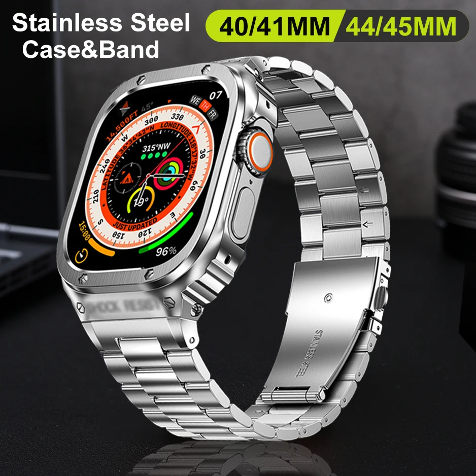 

Ремешок из нержавеющей стали для Apple Watch Bands 45 мм 44 мм 40 мм 41 мм, мужской металлический ремешок, защитный бампер для iWatch 8 7 6 5 4 SE