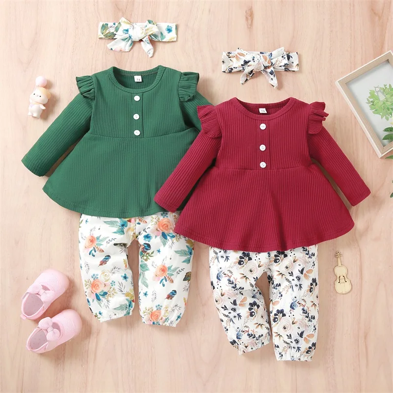 

Toddler Baby Girl 2pcs Outfits Kids Floral Long Sleeve Dress Top+Ribbed Pants Leggings Fall Winter Clothes