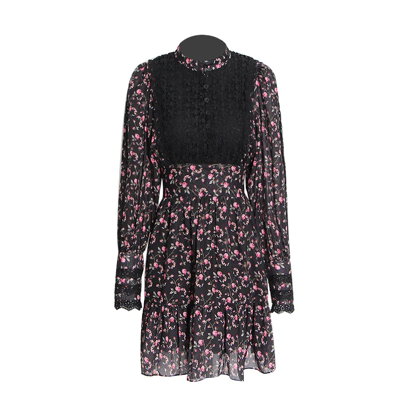 

Temperament Sweet Lady Style 2022 Early Autumn Mid-neck Long-sleeved Chest Floral Design Waist Short Ruffled Dress Robe Traf