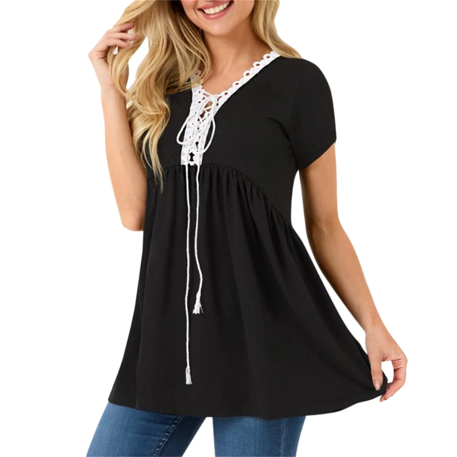 

Solid Color Women T Shirt V Neck Tie Waist Lace Short Sleeve Tee Summer Top Ruffle Hem Korean Fashion Harajuku Kawaii Clothes 4
