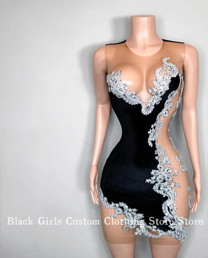 Роскошные Короткие коктейльные платья с вырезом 2024 серебристо-черные