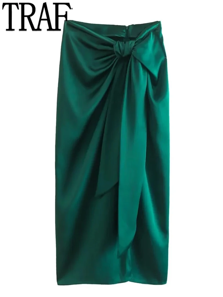 

TRAF Green Satin Skirt Woman Knot High Waist Slit Long Skirt Women Fashion Ruched Elegant Skirts Sets Streetwear Midi Skirts