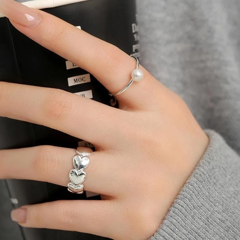 

Sweet Cool 925 Sterling Silver Heart Pearl Opening Ring Adjustable for Women Hip-hop Minimalist Jewelry Gift Party Drop Shipping
