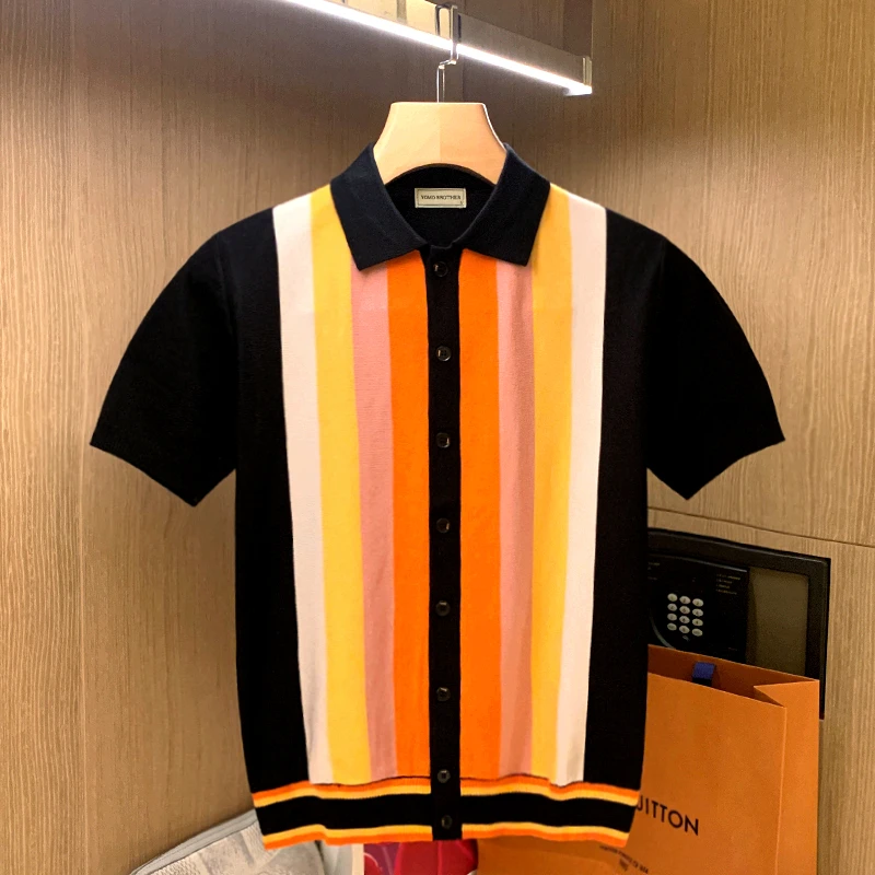 

2022 Men Summer New Fashion Striped Patchwork Knit Polo Shirts Slim Casual Turn Down Collar Button Up Pullover Tops C84