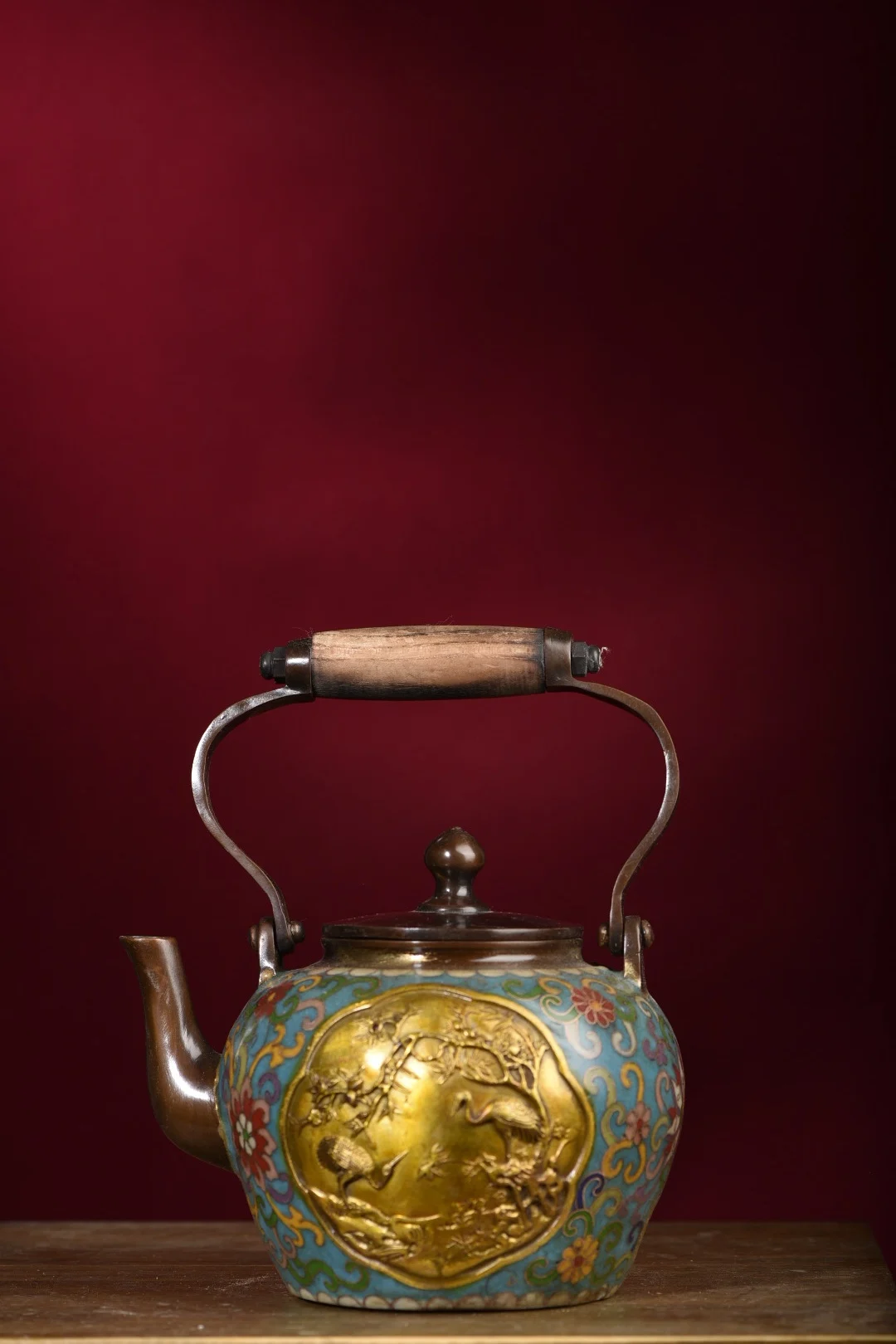 

8"Tibet Temple Collection Old Bronze Cloisonne Enamel Flower Crane texture Beam Kettle Flagon Teapot Ornaments Town house