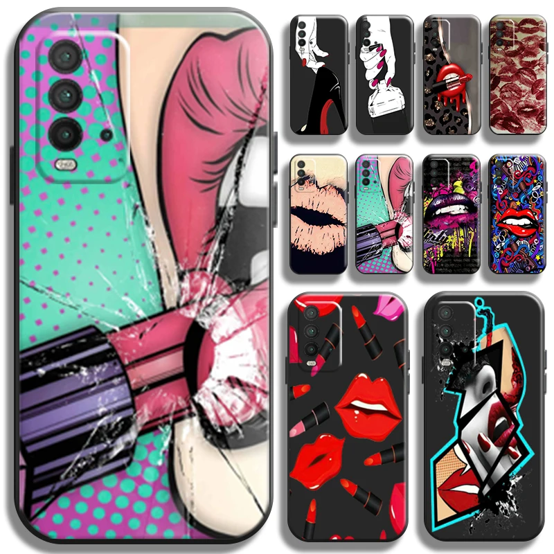 

Sexy Girl Kiss Red Lips Phone Case For Xiaomi Redmi 9T 6.53 Inch Carcasa Shell Soft Black Shockproof Back Full Protection