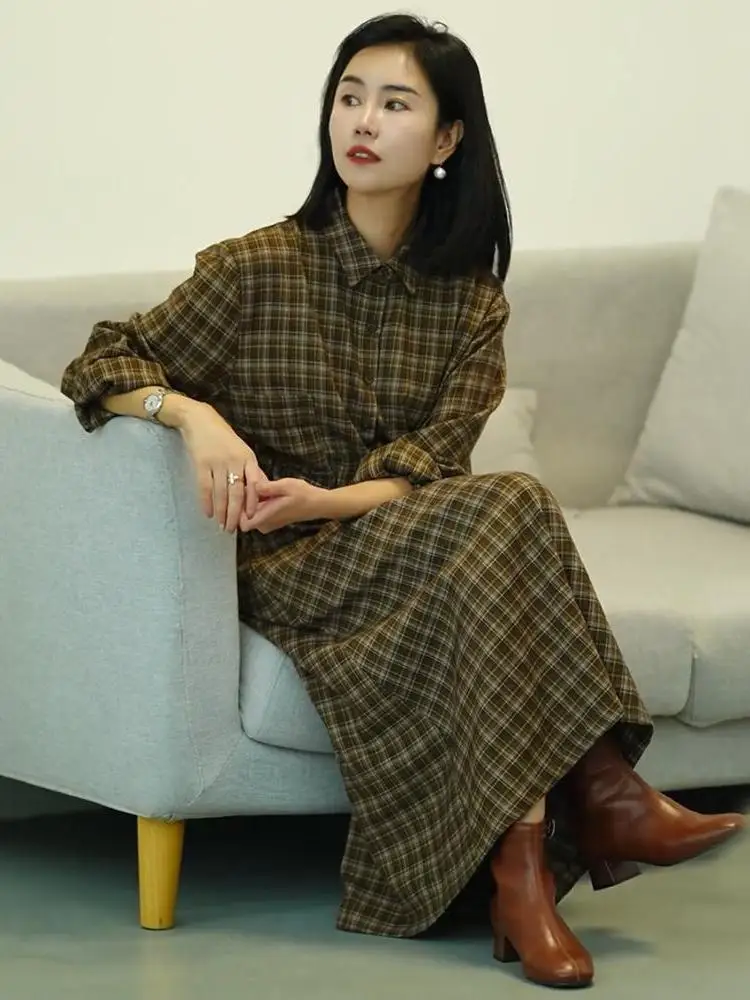 Рубашки Юбки Атмосфера Ретро Клетчатое платье с длинными рукавами