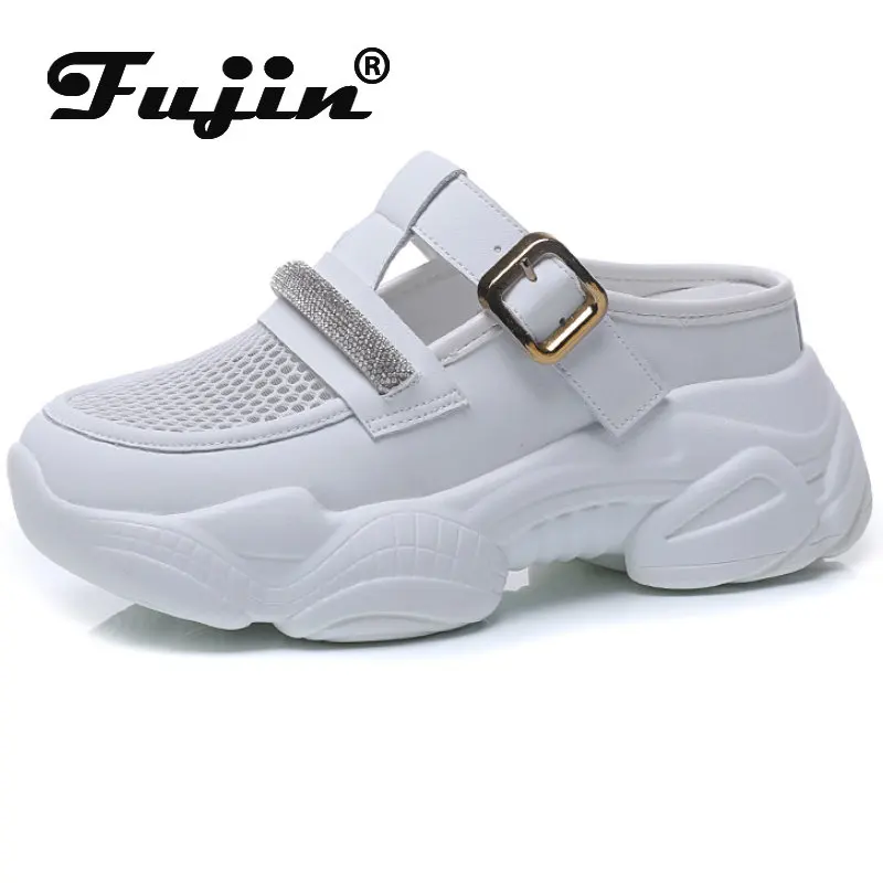 

Fujin 7cm Air Mesh Sandals Slippers Bling Chunky Sneakers Genuine Leather Women Hollow Summer Platform Wedge Breathable Shoes