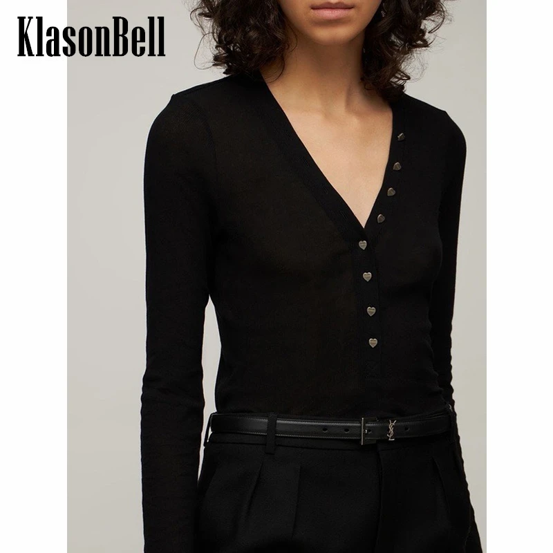 

4.14 KlasonBell V-Neck Love Button Long Sleeve Knitted Slim Black T-Shirt Women