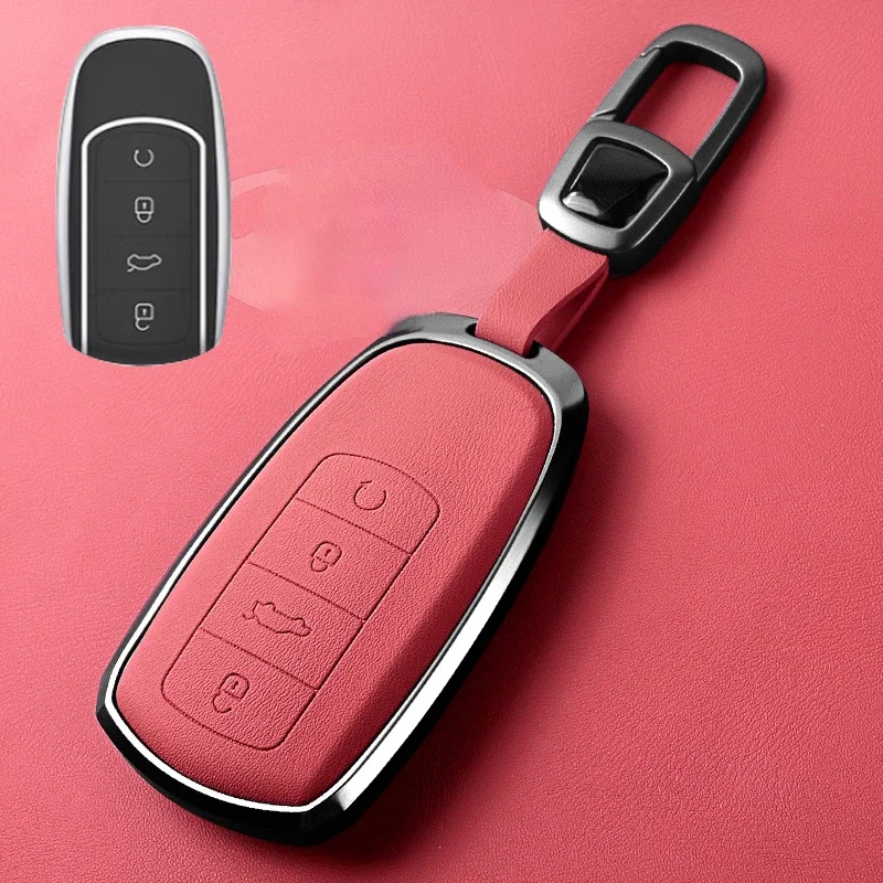 

Вулканический красный алюминиевый сплав + кожа простой стиль ручной работы Автомобильный Дистанционный ключ фотообложка для Exeed RX 2023