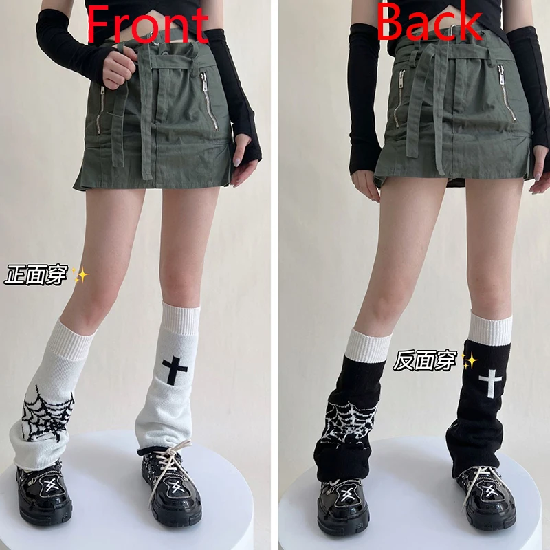 Spider Web Cross Wool Knitted Leg Warmers Dark Punk Winter JK Double-sided Wearable Halloween Accessories Y2K Gothic Boots Cover