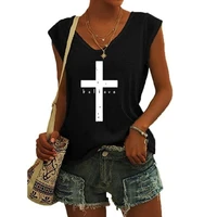 2022 new fashion believe faith women casual sexy tanks top v neck simple loose sleeveless t shirts new vest gift for her