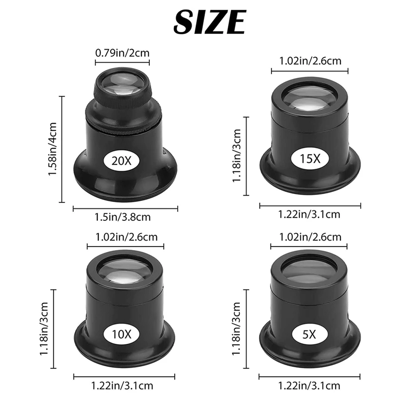 4PCS Loupe Eyeglass Magnifiers Set 5X 10X 15X 20X Watch Repair Loupe Magnifier Set Magnifying Glass For Watch Jewellery