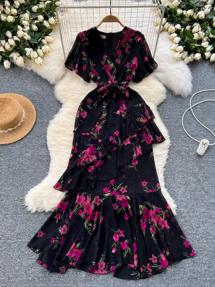 Элегантное французское платье с цветочным принтом женские сексуальные вечерние