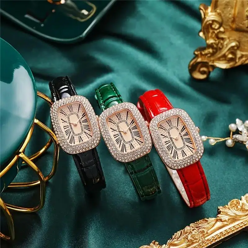 Luxury Ladies Leather Bracelet Rhinestone Fashion Quartz Watch Trendy Student Watch Set