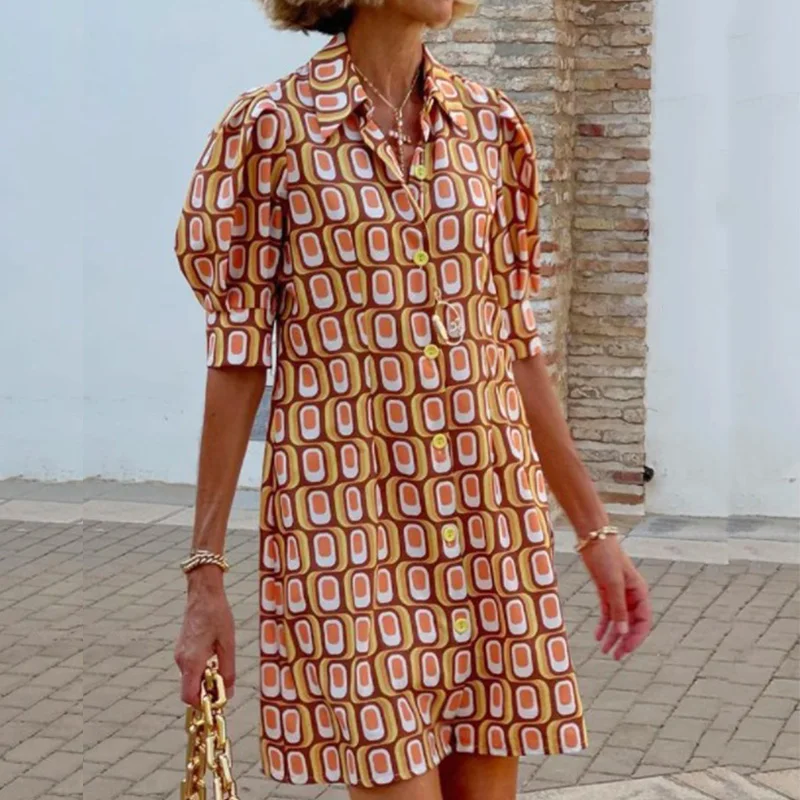 

Fashion Bohemian Single Breasted Straight Mini Dresses Casual Printed Shirt Dress Ladies Lapel Short Sleeve Loose Office Dress