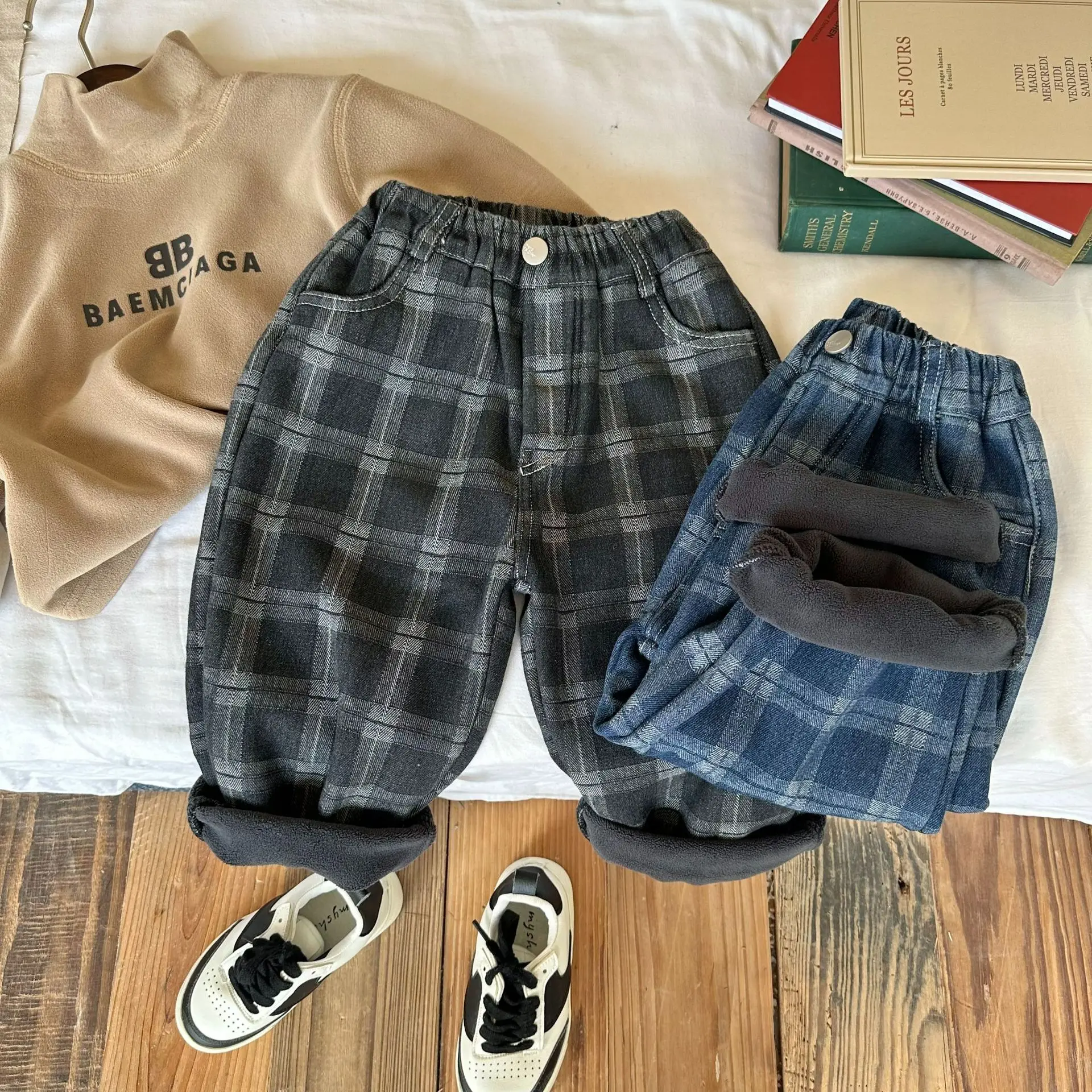 

Детские джинсы, новинка зимы 2022, клетчатые джинсы для мальчиков и девочек, детские плотные теплые брюки