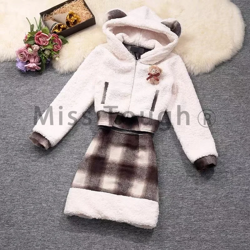 Зимние японские милые кавайные теплые комплекты из двух предметов женское милое