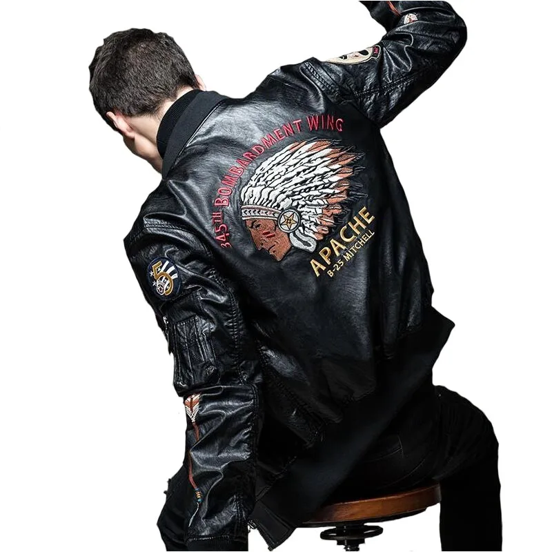 

Autumn And Winter Men Clothing PU Leather Bomber Jackets Lndians Chief Embroiderey Streetwear Motorcycle Casual Loose Outerwear