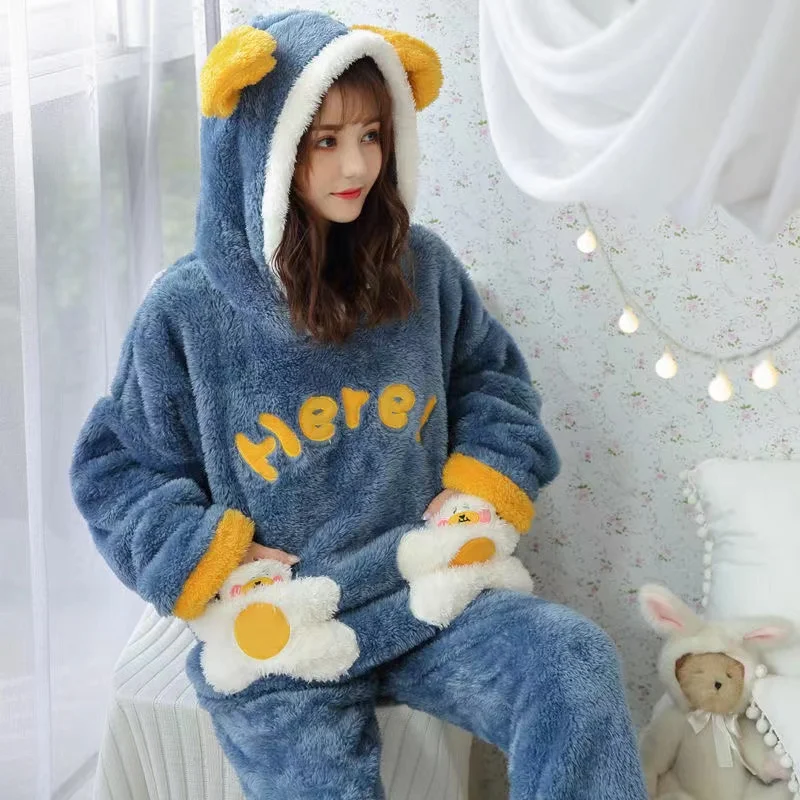 Pajamas Set Winter Sleepwear Thick Warm Flannel 2 Pieces/Sets Hooded Sweet Cute Long Sleeve Female Homewear Pyjamas Suits