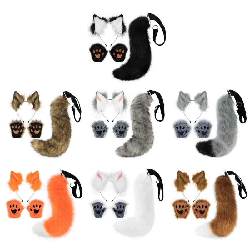 

E15F 3Pcs Animal Foxes Cat-Costumes for Adults-Kids Ears Headband Tail Paw Gloves Animal Fancy Dress Accessories