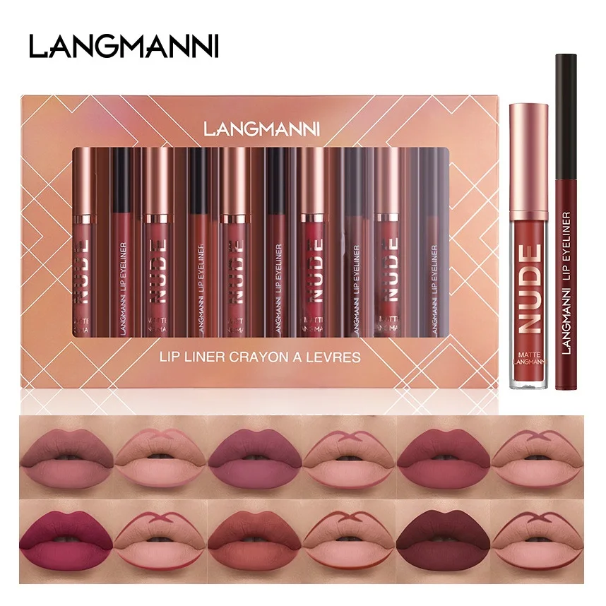 

12 Colors Lip Makeup Contains Lipliner Lipgloss High Value Lip Gloss Makeup Non Fade Non-stick Cup Lip Gloss Waterproof Cosmetic