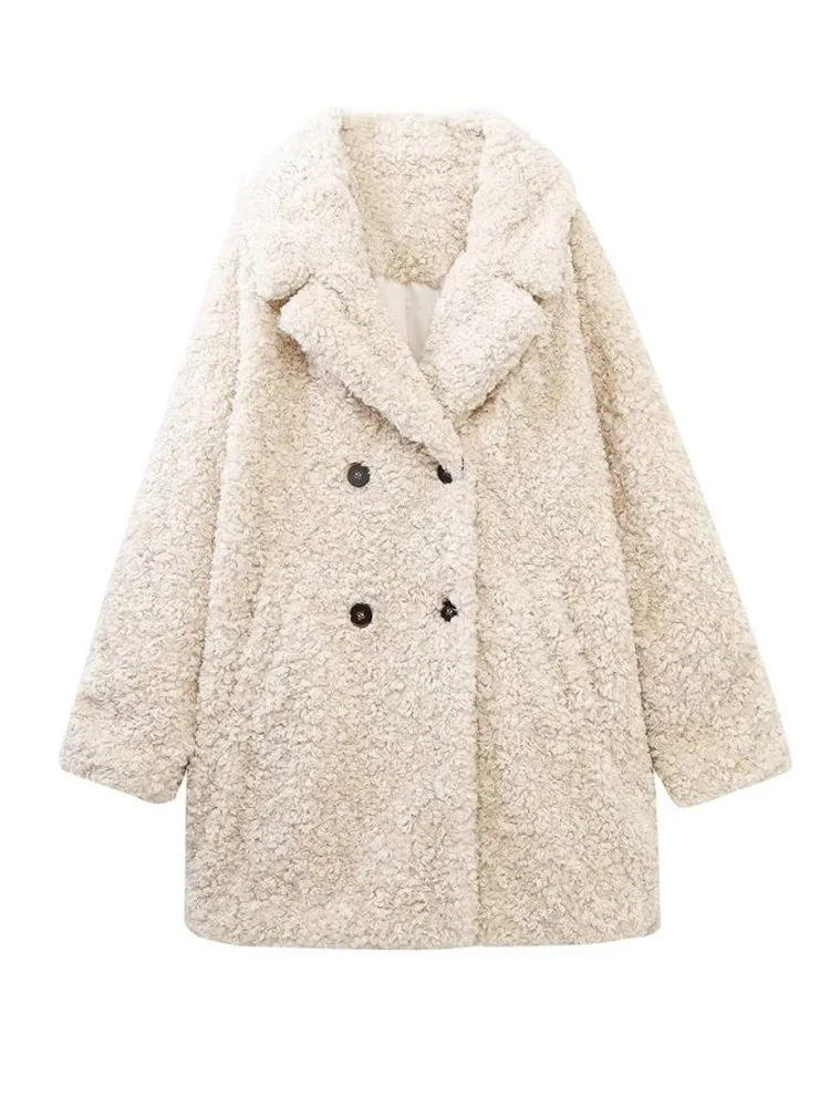 

Winter Warm Fake Fur Overcoat Coats 2022 Fashion Loose Double Breasted Long Female Elegant Street Outerwear