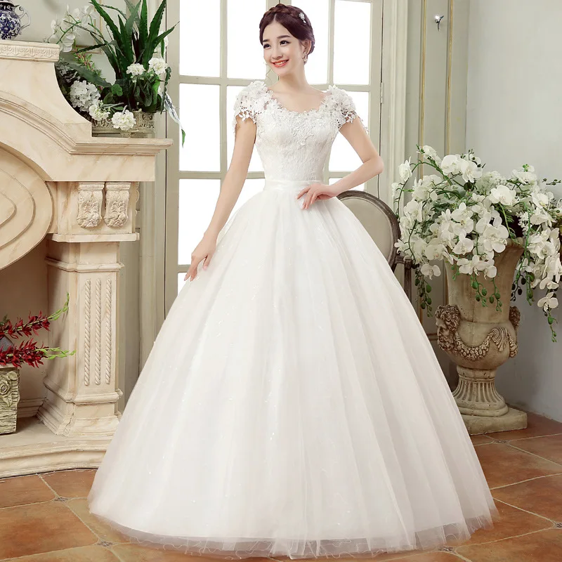 Купи Elegant Short Sleeves Wedding Dress V-Neck Net Rhinestone Backless lace up Bridal Ball Gown за 2,370 рублей в магазине AliExpress