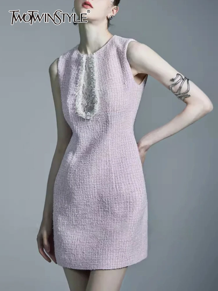 

Женское платье с круглым вырезом TWOTWINSTYLE, однотонное утягивающие платья платье без рукавов с высокой талией и кружевом