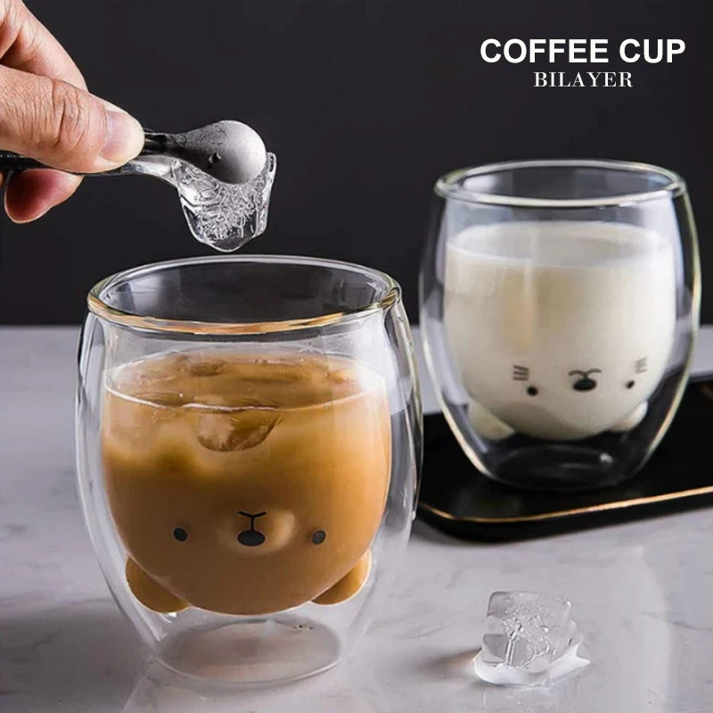 Creative Cute Bear Double-Layer Coffee Mug Double Glass Cup Carton Animal Milk Glass Lady Cute Cat Duck Dog Gift Christmas Gift