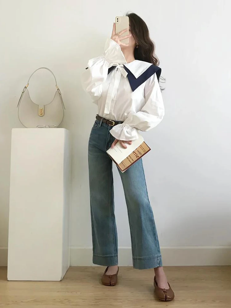 2023 весенняя новая женская белая рубашка с длинным рукавом в японском стиле