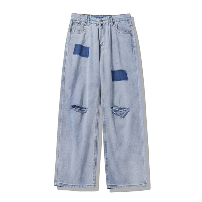 2022 New Fashion Hole Ripped Straight Men Hip Hop Baggy Jeans Trousers Patchwork Retro Washed Loose Denim Pants Pantalon Homme